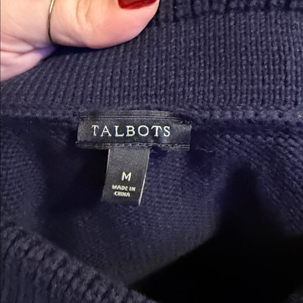 TALBOTS Cotton Cable Knit Portrait Collared preppy Sweater Navy Blue M - Picture 2 of 7